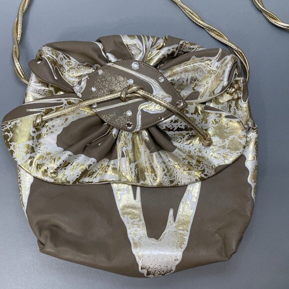 Vintage 80s Terry Toni Shoulder Bag Purse Hand Painted White Gold Leather Brown - Picture 3 of 16